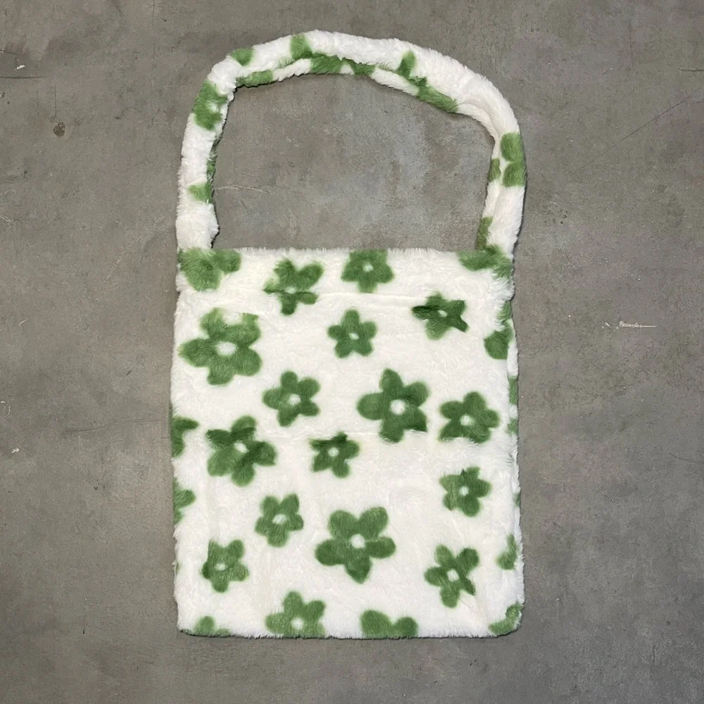 Fluffy Tote Bag Y2K Green Flower Plush Faux Fur Tote Underarm Shoulder‎ Bag
